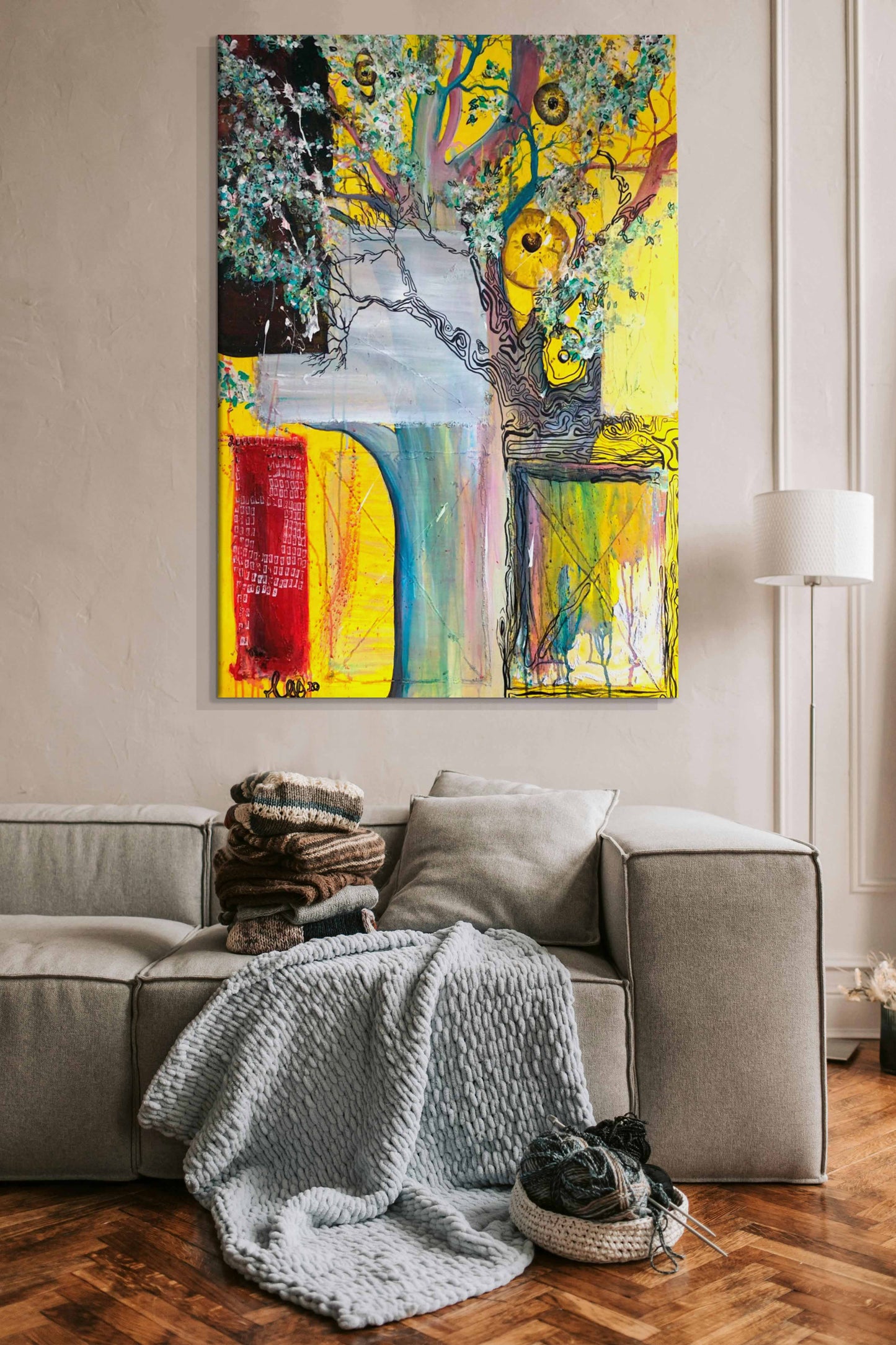 Dreamy Yellow Nature-themed Original Painting | Mixed Media on Canvas